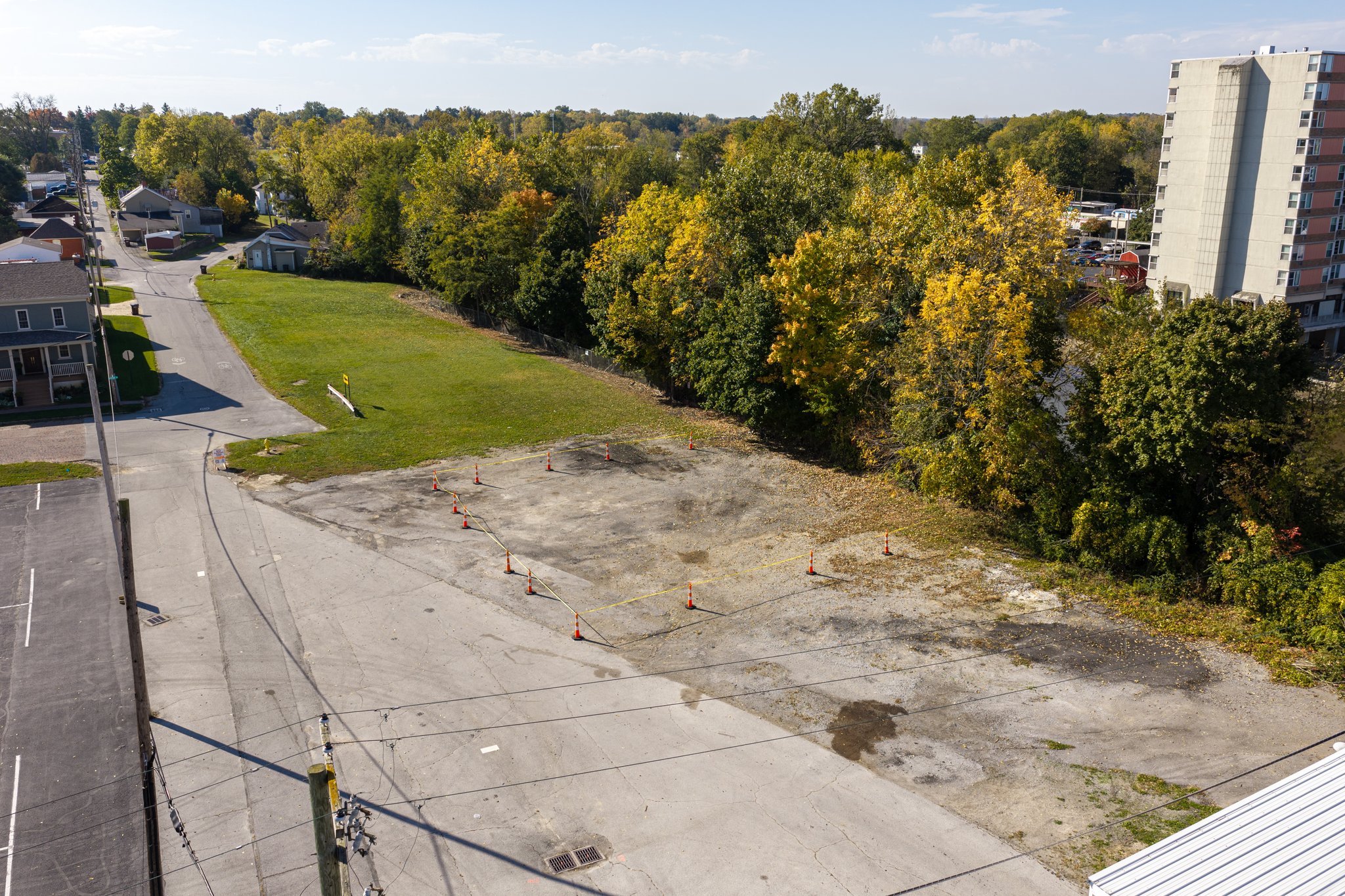 Aerial view of the riverfront area near Madison Street and Front Street in Downtown Tiffin